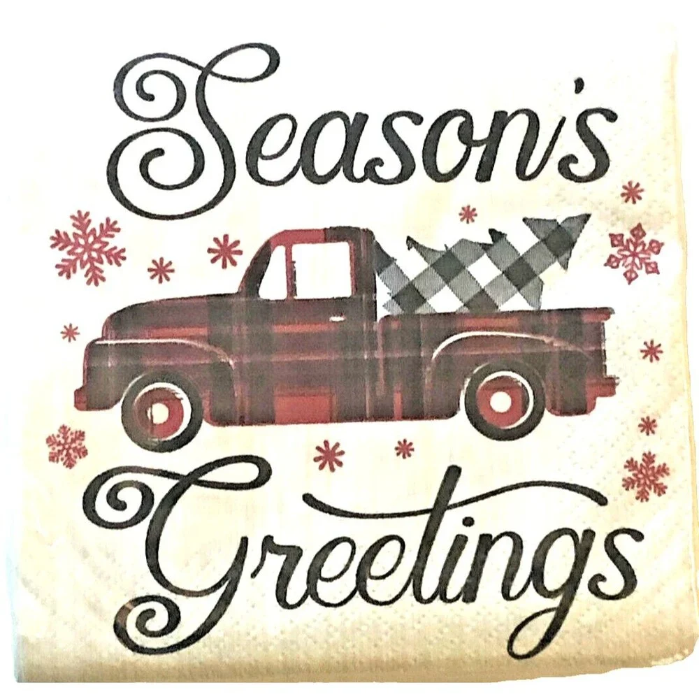 Christmas Red Farm Truck Paper Cocktail Napkins Seasons Greetings 60ct Decoupage